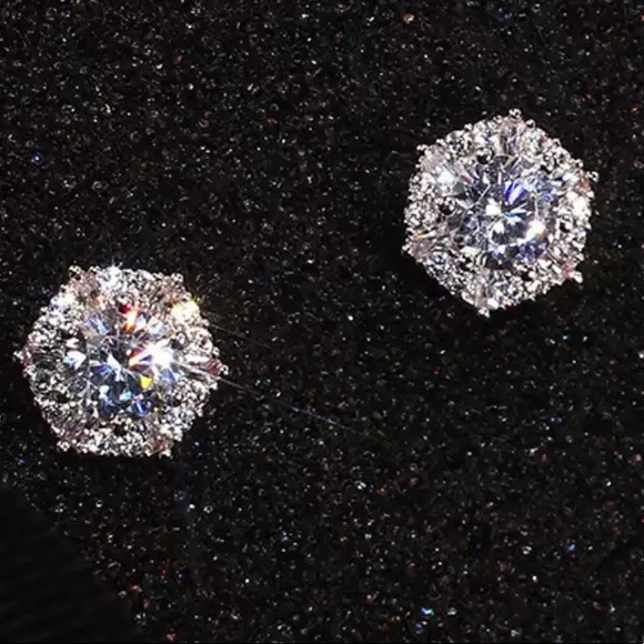 Hexagon Diamond Halo Stud Earrings - Picture 6 of 9